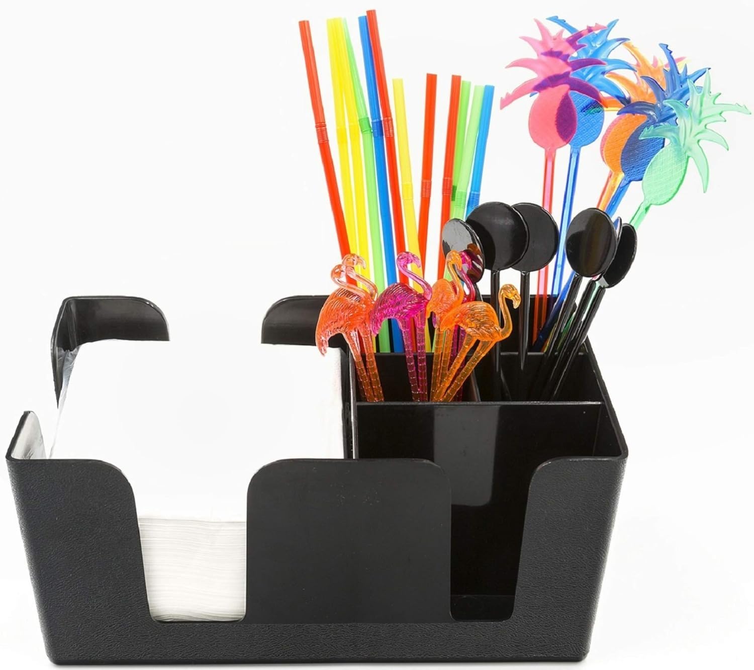 Bar Caddy Organizer – 6-Compartment Refillable Bar Supply Holder Fully Loaded with Napkins, Cocktail Straws & Swizzle Sticks