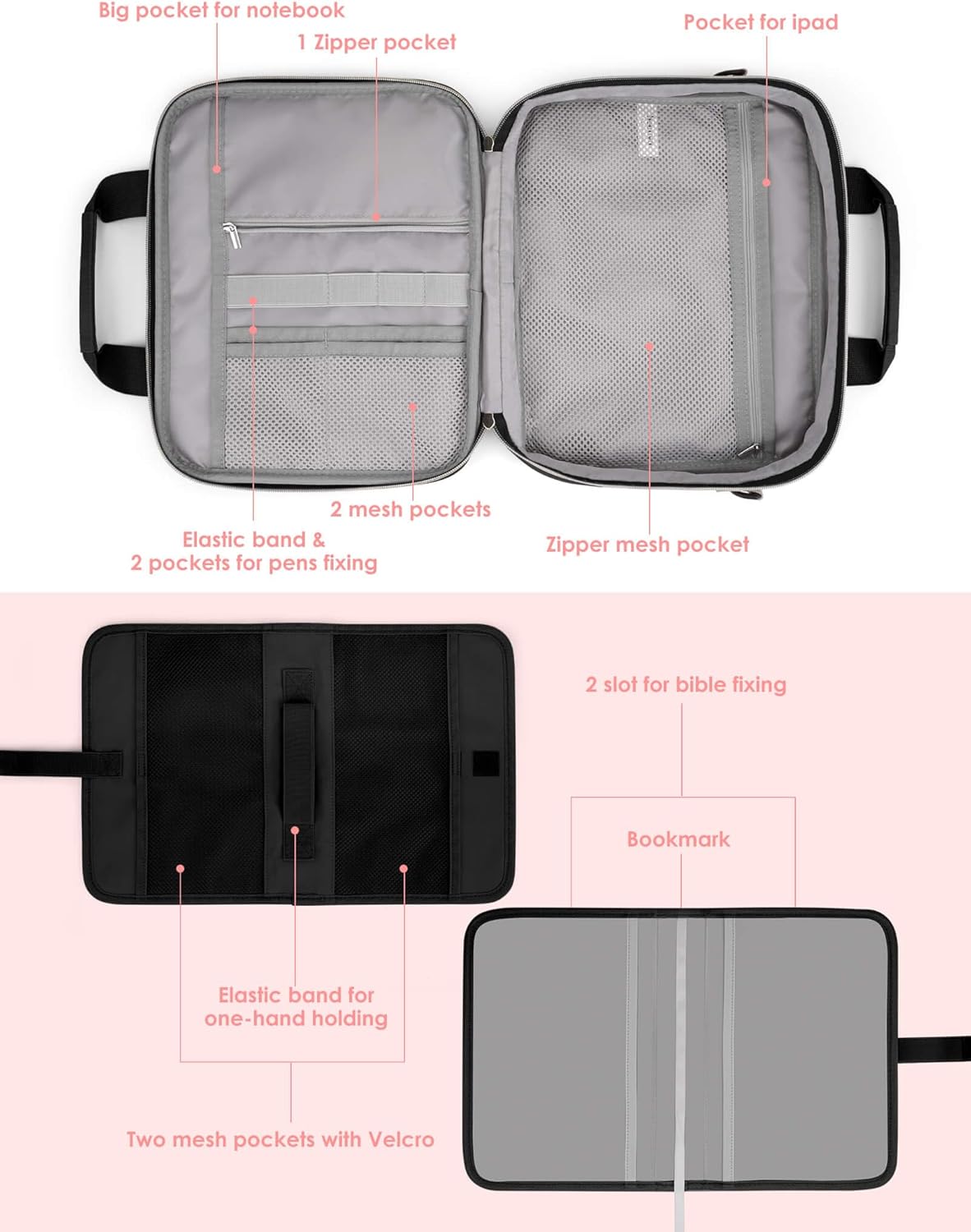 heouvo Bible Cover Case for Women – Includes No Bleed Highlighters, Pens, Tabs & Add-On Book Cover | Large Black Bible Bag with Shoulder Strap & Handles