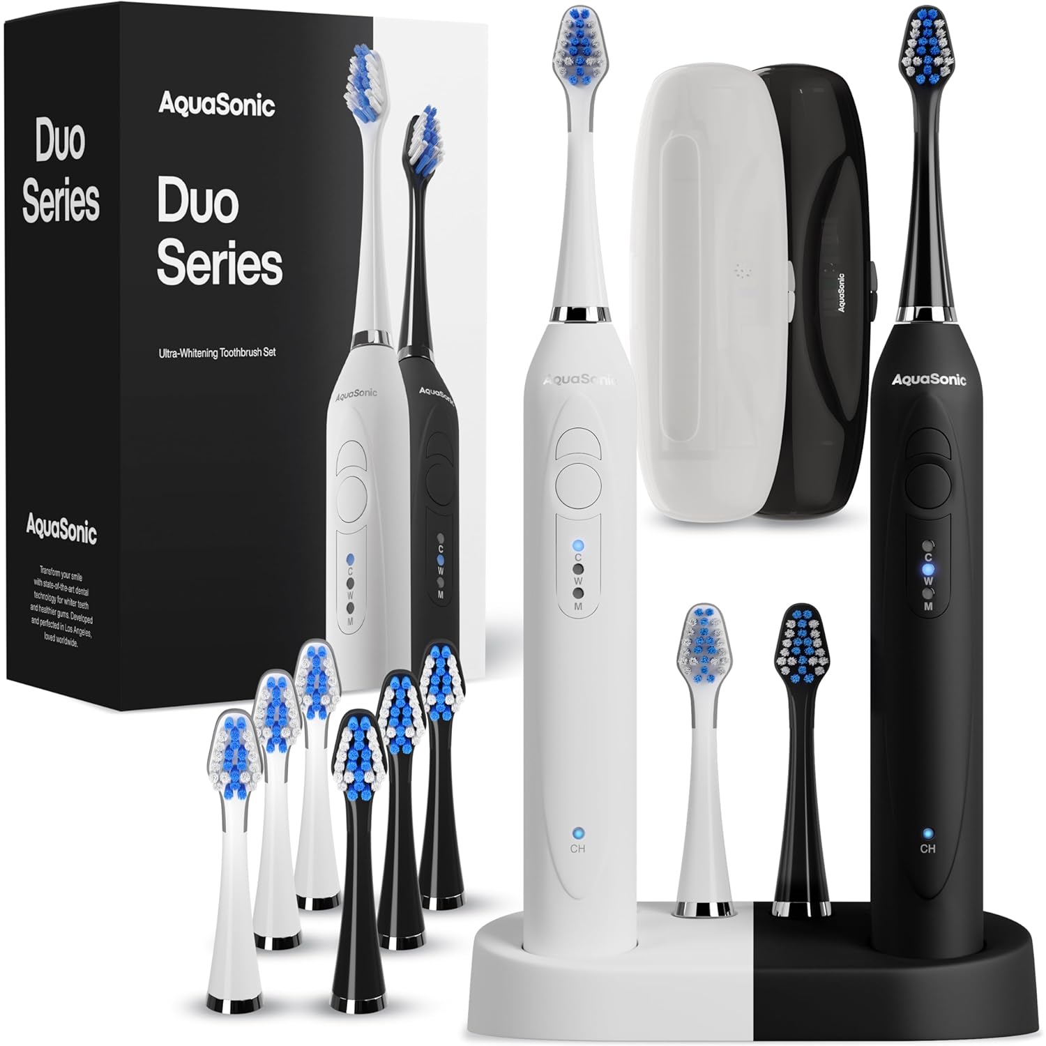 Duo Dual Handle Electric Toothbrush Set – Ultra Whitening – White & Black – Wireless Charging – Timer – Waterproof