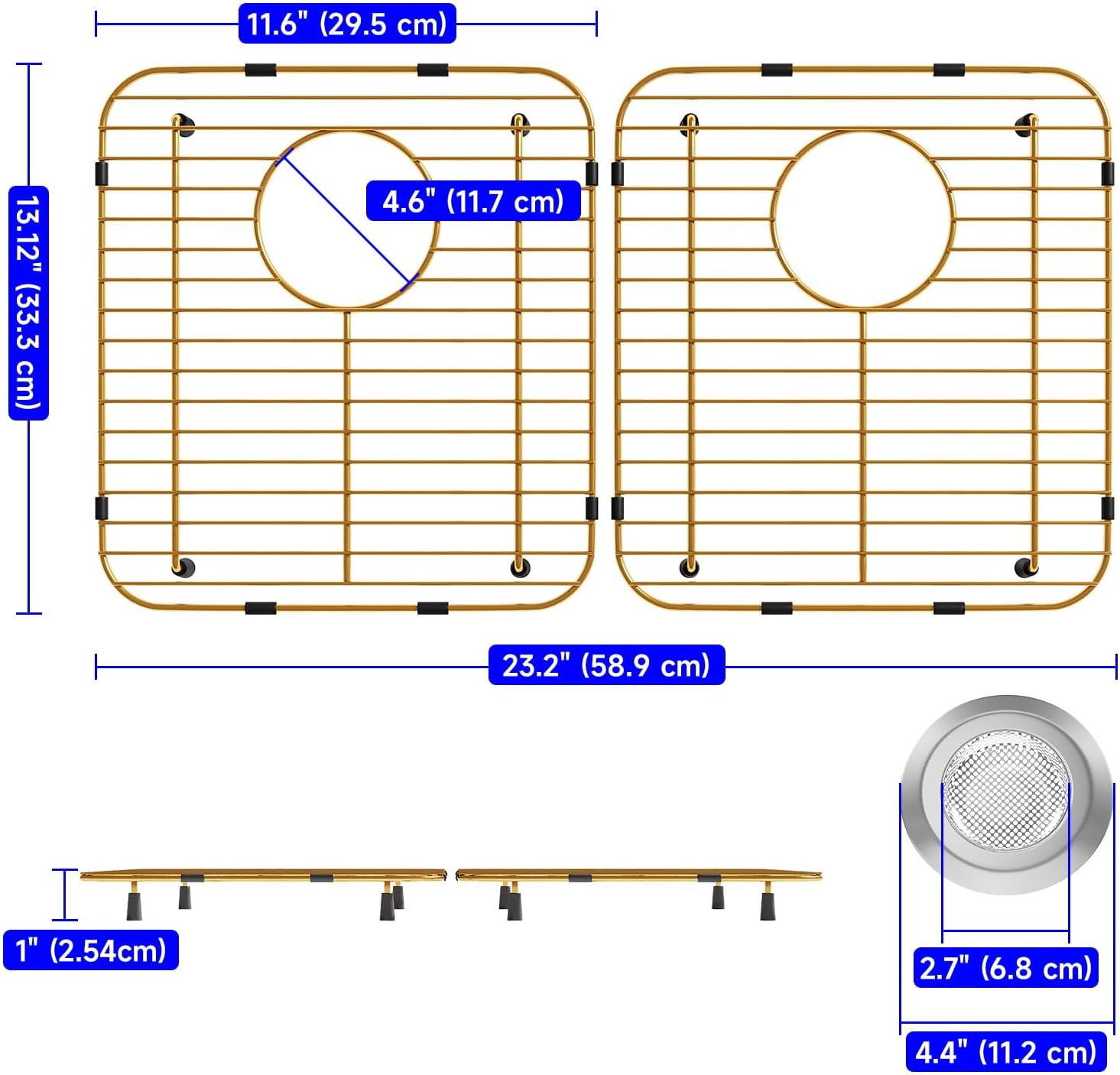 Sink Protectors for Kitchen Sink – Universal Double Bowl Bottom Grid, Offset Drain, Golden Stainless Steel, 11.6" x 13.12", 2-Pack