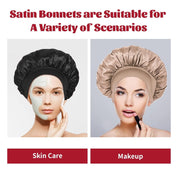2Pcs Silk Bonnet for Sleeping – Satin Hair Bonnets with Soft Elastic Band, Sleep Cap Hair Wrap for Women (Black/Gold)