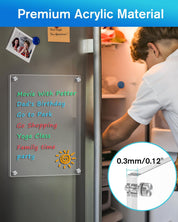 Small Magnetic Dry Erase Board for Refrigerator – 12" x 8" Clear Acrylic Whiteboard with 4 Markers & Cloth, Fridge Memo/Planner/Menu Board
