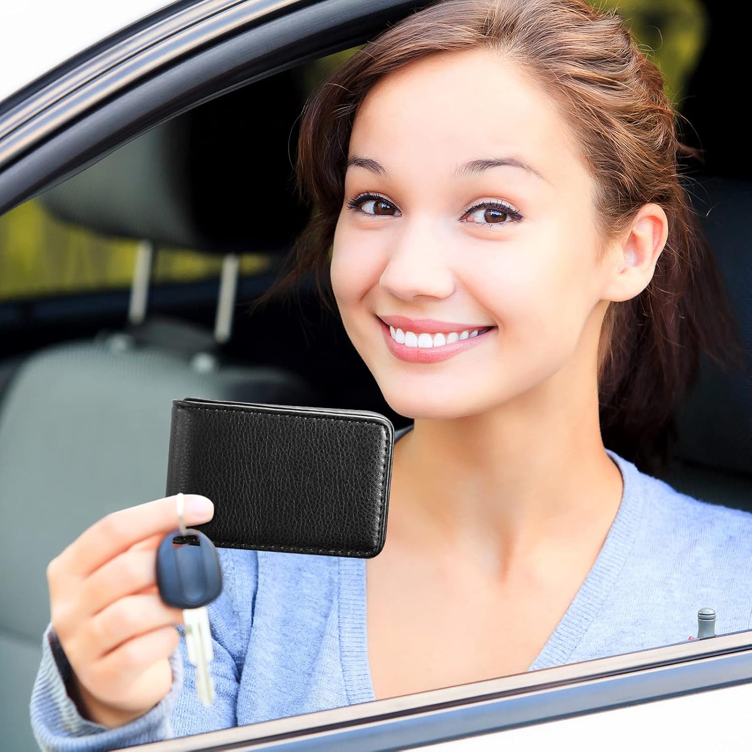 Outus 2-Piece PU Leather Business Card Holder Case – Magnetic Closure Pocket Wallet for Men and Women (Black)