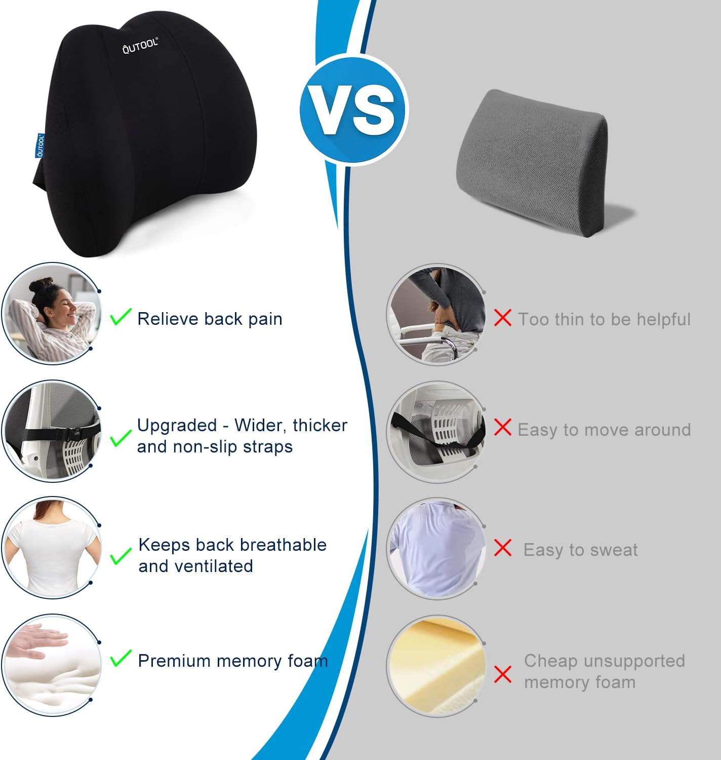 Lumbar Support Pillow – Memory Foam Back Cushion for Office & Gaming Chairs – Large Ergonomic Lower Back Support