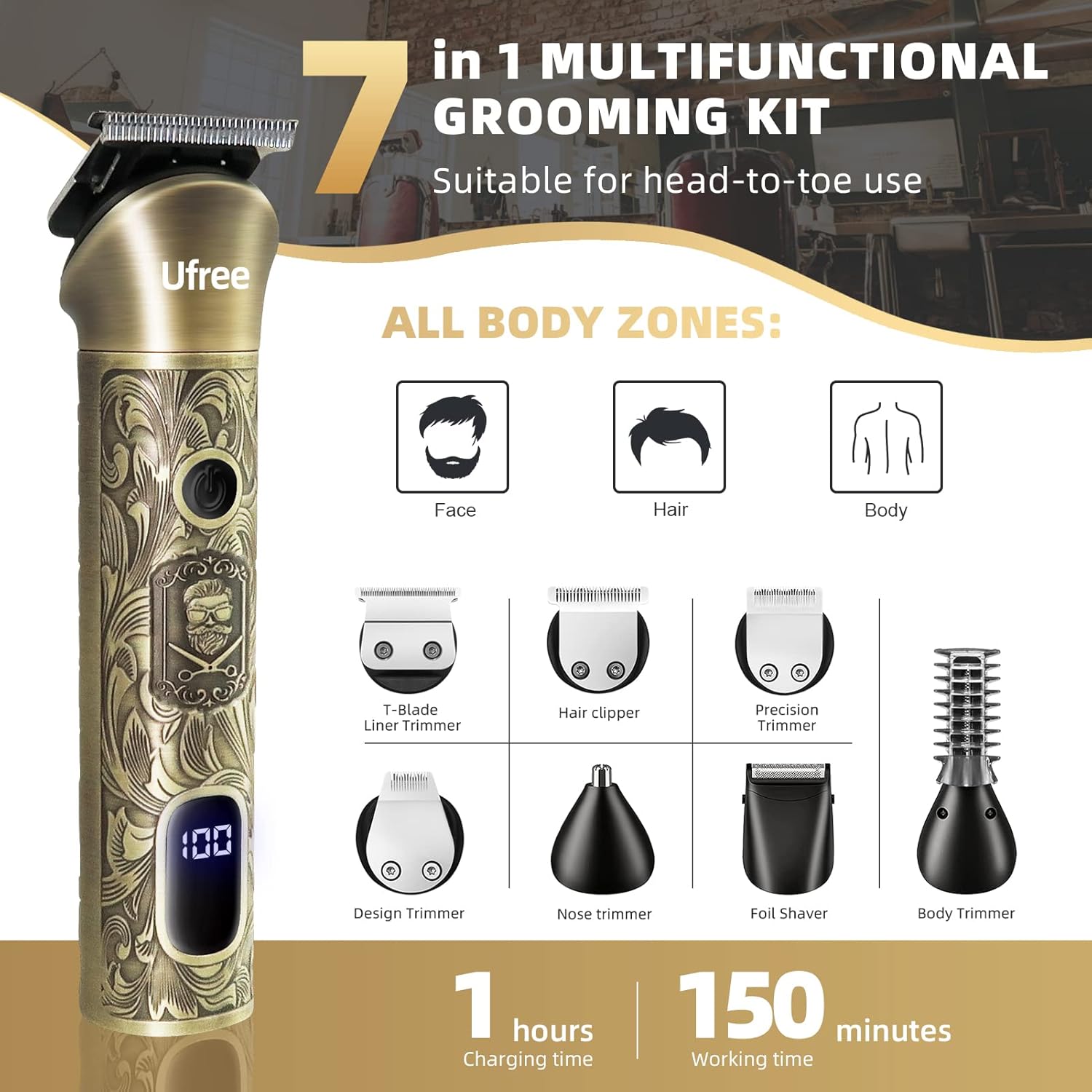 Beard Trimmer for Men – 7-in-1 Electric Grooming Kit with Cordless Razor, Nose & Ear Trimmer, Hair Clippers, and Shaver