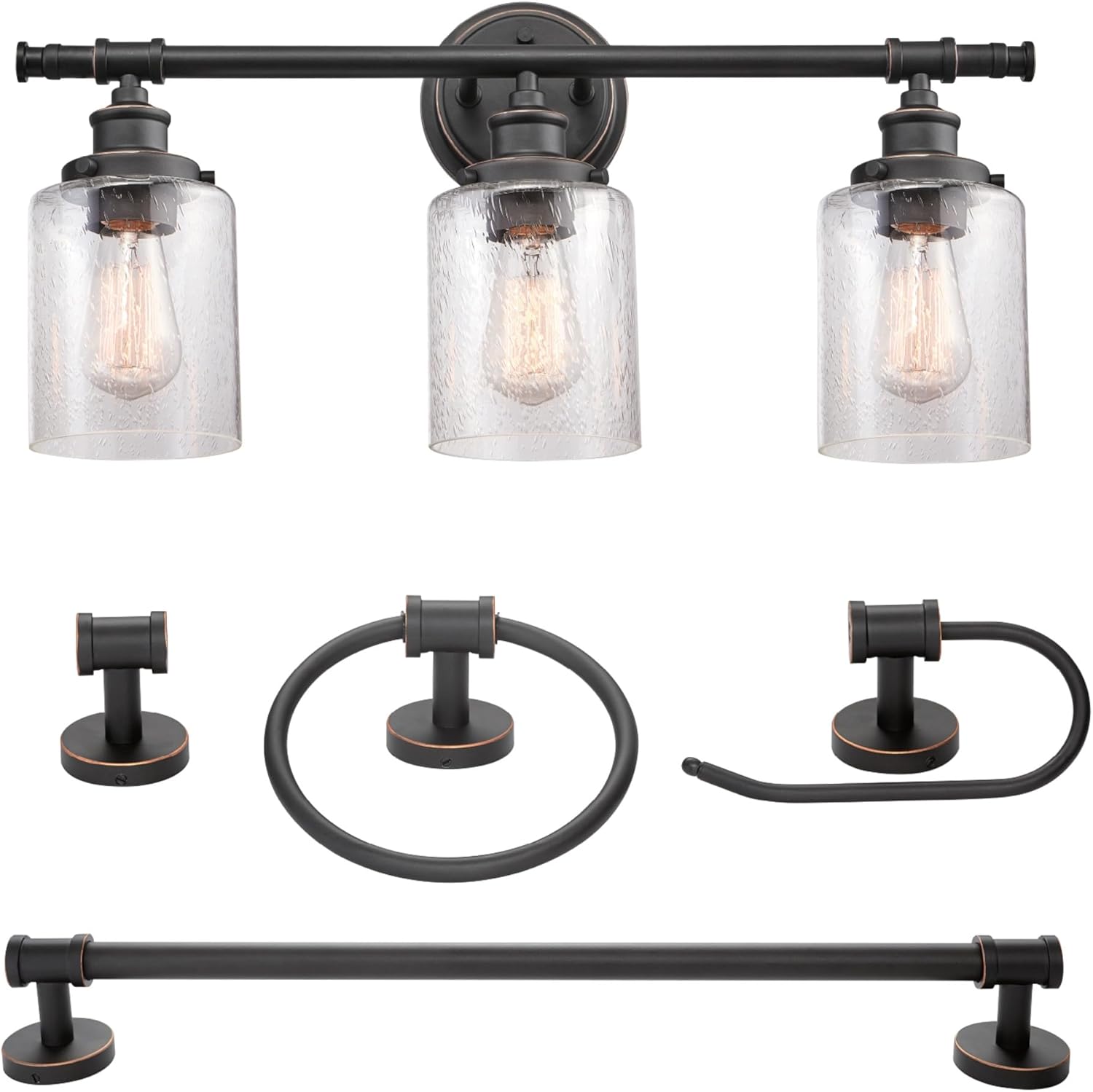 Globe Electric Camden 5-Piece All-in-One Bathroom Set – Vanity Light with Seeded Glass Shades & Accessories