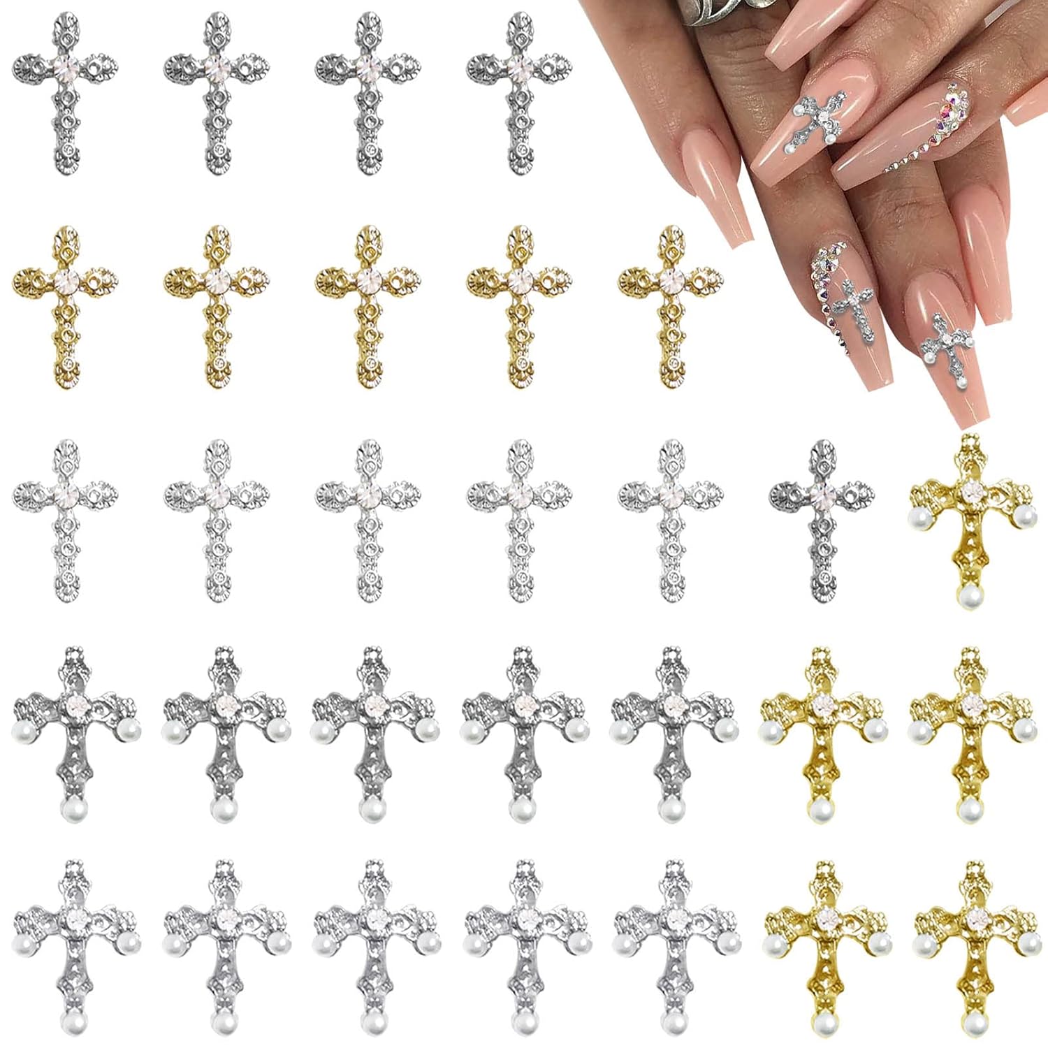 3D Cross Nail Charms – 30pcs Gold & Silver Metal Alloy Crystal Rhinestones for Nail Art, DIY Jewelry & Crafts
