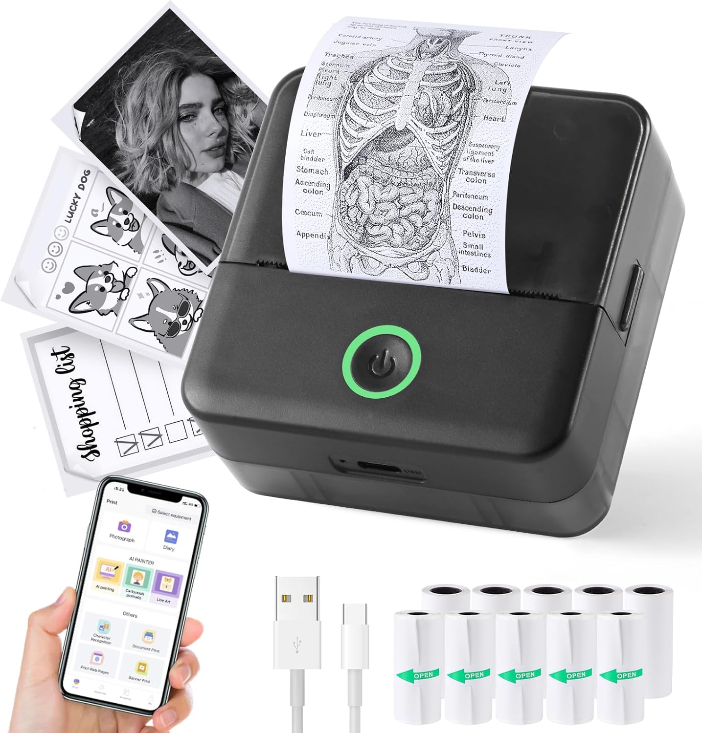 Print Pods Mini Thermal Printer – Inkless Pocket Sticker Maker with 10 Rolls Paper – Bluetooth Printer for Notes, Flashcards, Journals, DIY – Compatible with iOS & Android – Black (New)