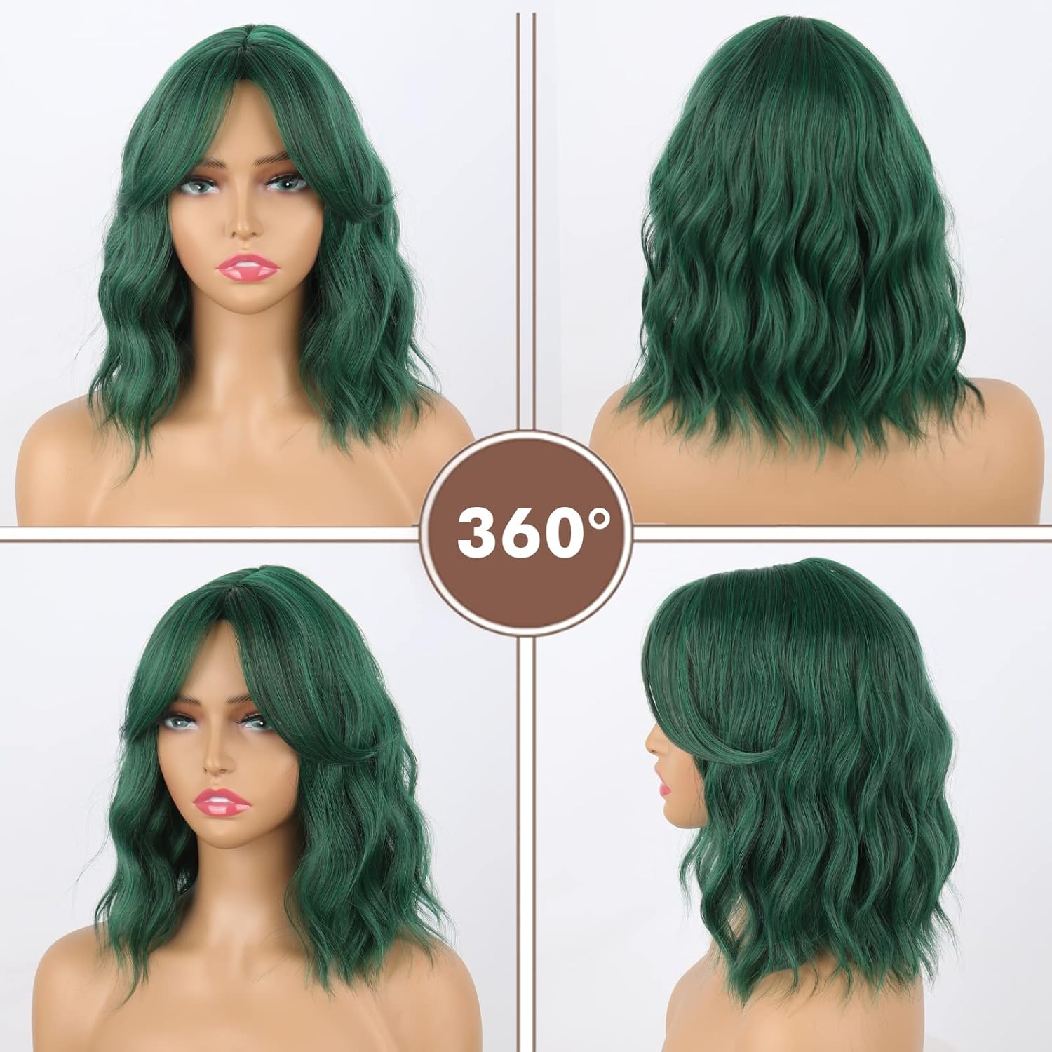 Aisaide Dark Green Wavy Bob Wig with Curtain Bangs – Short Synthetic Curly Wig for Women, Shoulder Length