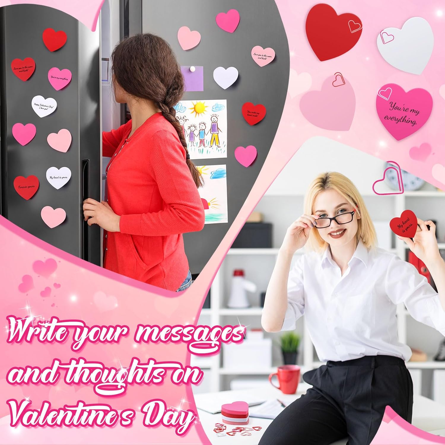 Fuyoooo Heart Shaped Sticky Notes Pad & Love Paper Clips Set – 104 Pcs, 2.83" x 2.83" Cute Office Supplies for Women