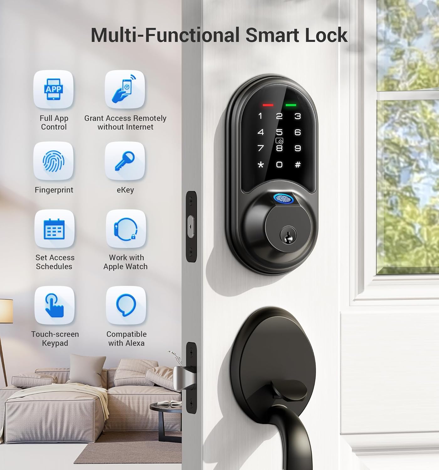 Veise Smart Lock – 7-in-1 Fingerprint Keyless Entry Door Lock with App Control, Touchscreen Keypad, Biometric Smart Deadbolt, Alexa/Google Compatible, Matte Black