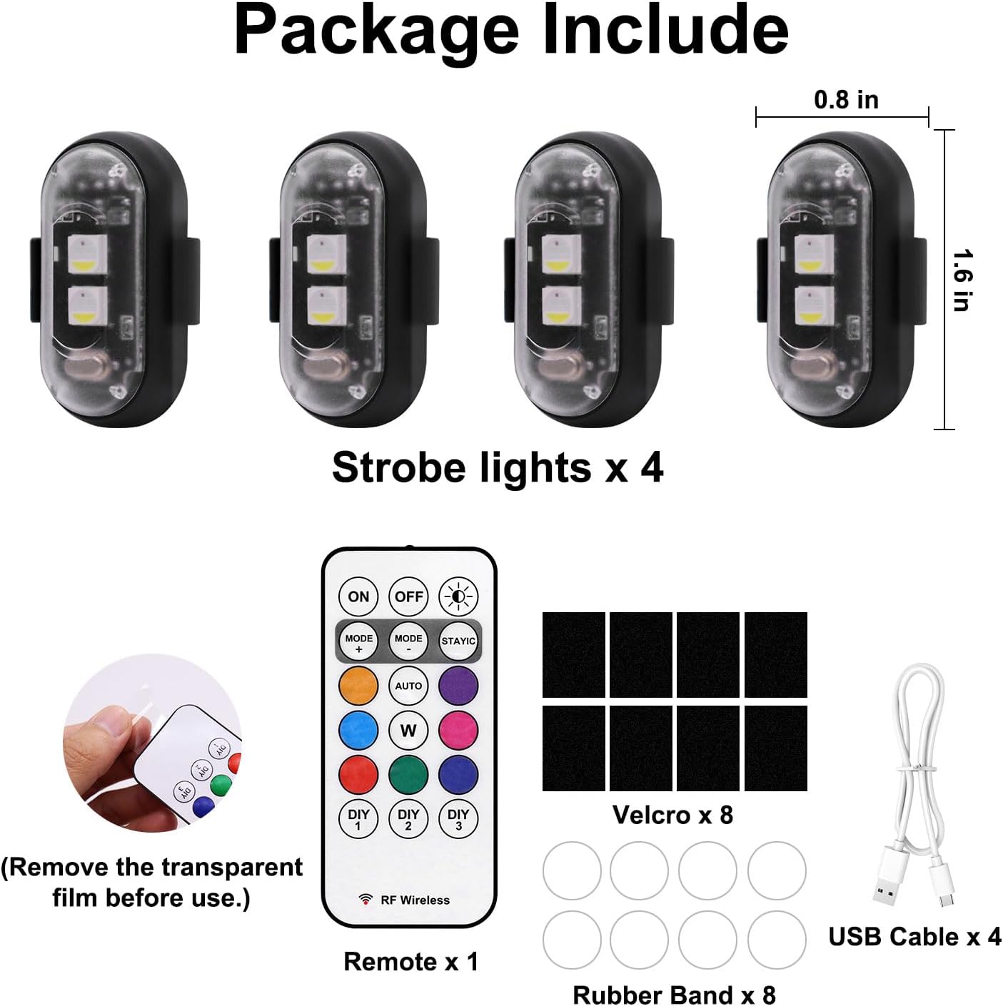 Elegananccy 4PCS Wireless LED Strobe Lights with Remote – 8 Color Waterproof Rechargeable Anti-Collision Emergency Lights for Car, Bike, Motorcycle, Drone, Aircraft