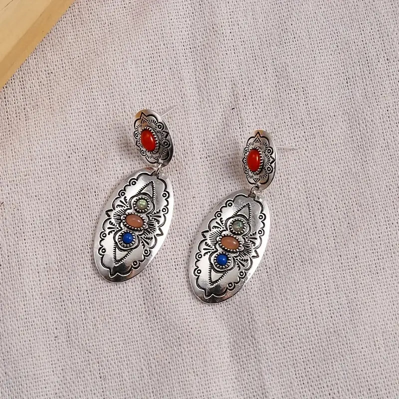 Dangle Bohemian Earrings With Colorful Synthetic Gems
