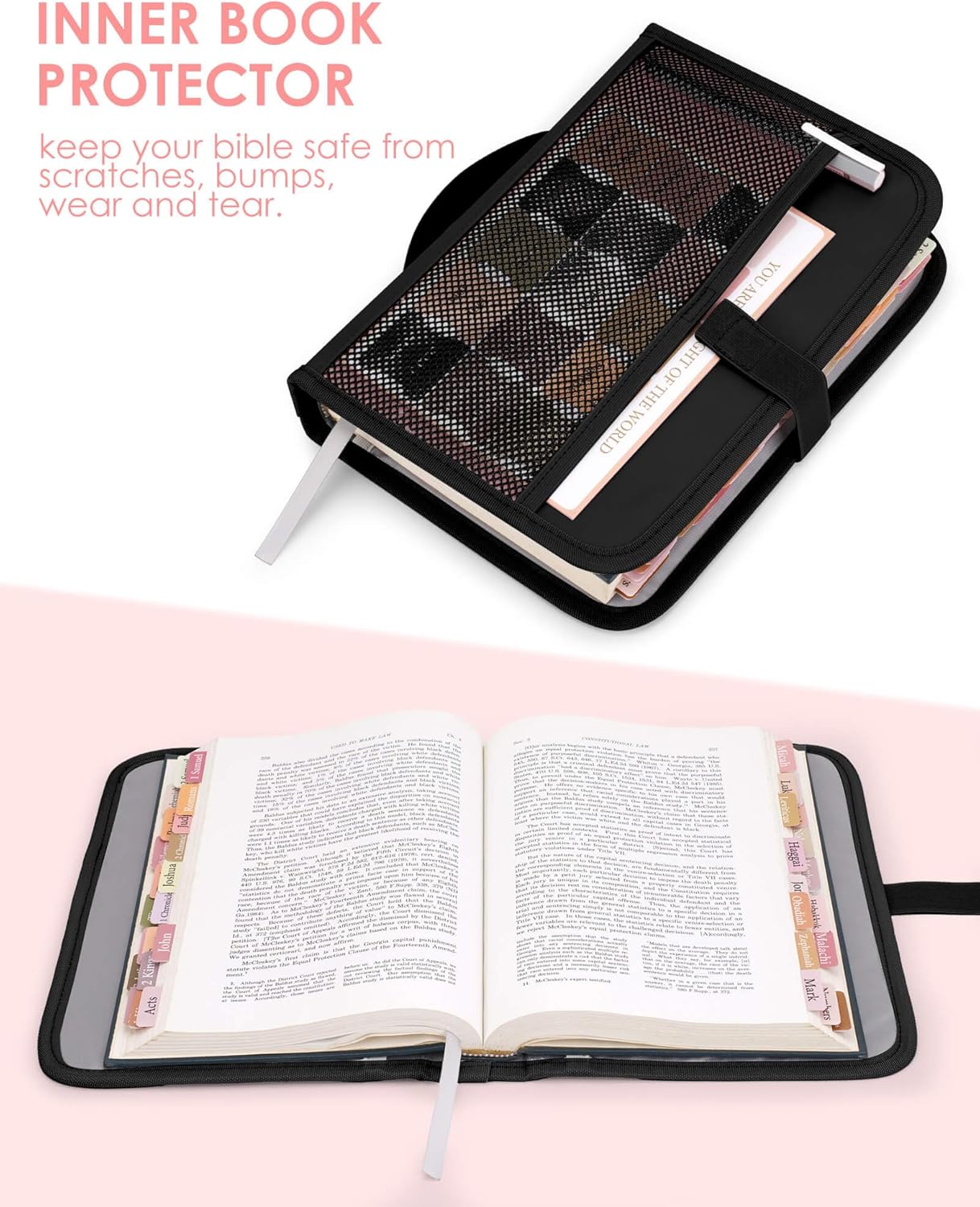 heouvo Bible Cover Case for Women – Includes No Bleed Highlighters, Pens, Tabs & Add-On Book Cover | Large Black Bible Bag with Shoulder Strap & Handles