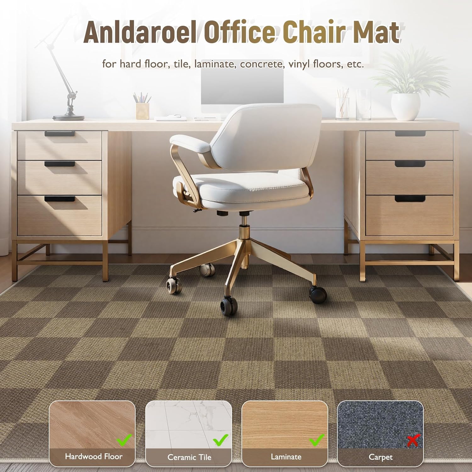 Anidaroel 48"x60" Chair Mat for Hardwood & Tile Floors – Anti-Slip Desk Chair Rug for Home Office, Large Rectangular Floor Protector for Rolling Chairs, Rice Coffee-2 / Check