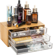 Okllen Bamboo Cosmetic Storage Organizer – Portable Desktop Display Case with 4 Clear Acrylic Drawers – Skincare, Makeup, Jewelry & Hair Accessories Organizer for Bathroom Counter