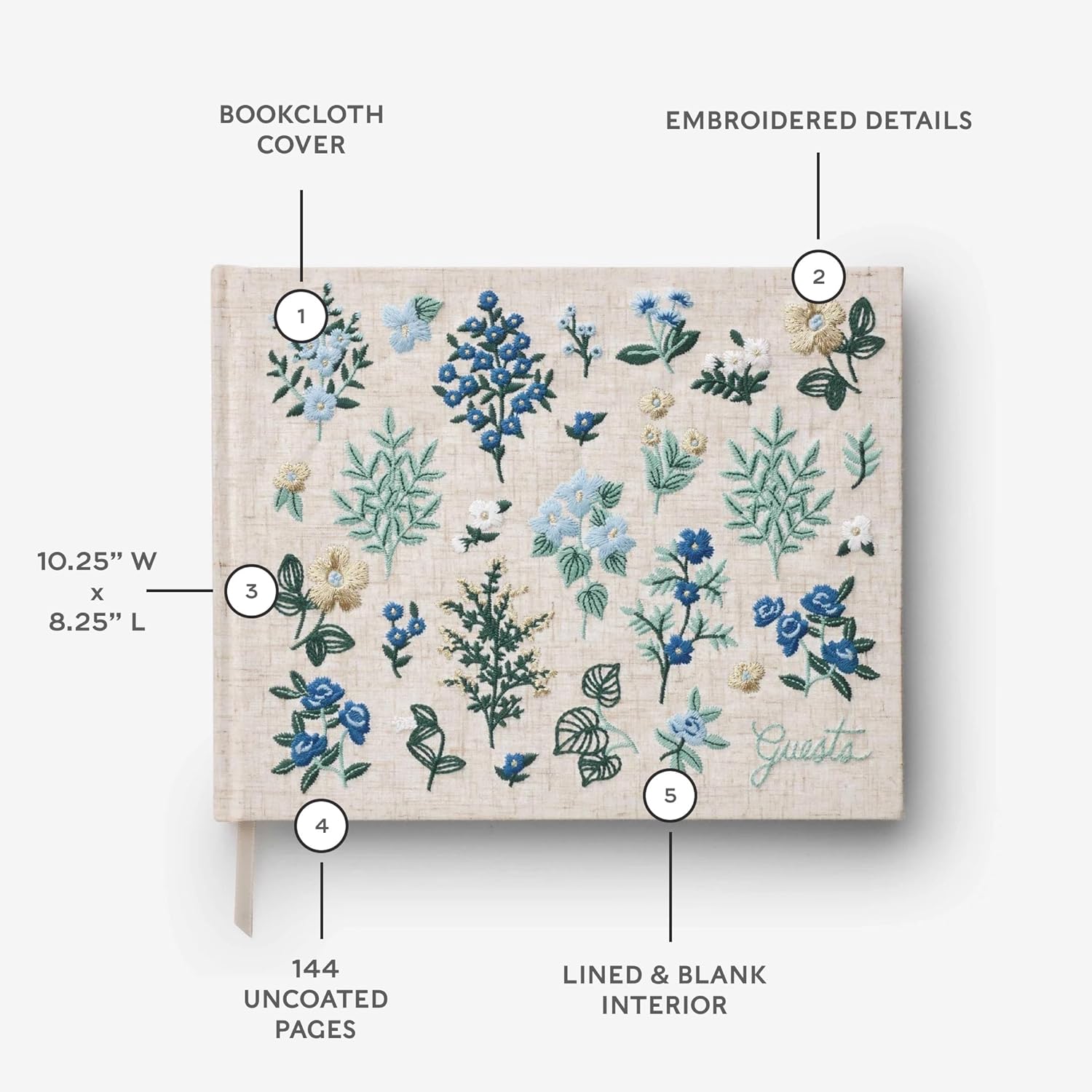 Wildwood Embroidered Fabric Guest Book – Hard Cover, Lay-Flat Binding, 144 Ruled Pages, Gold Ink, Grosgrain Bookmark