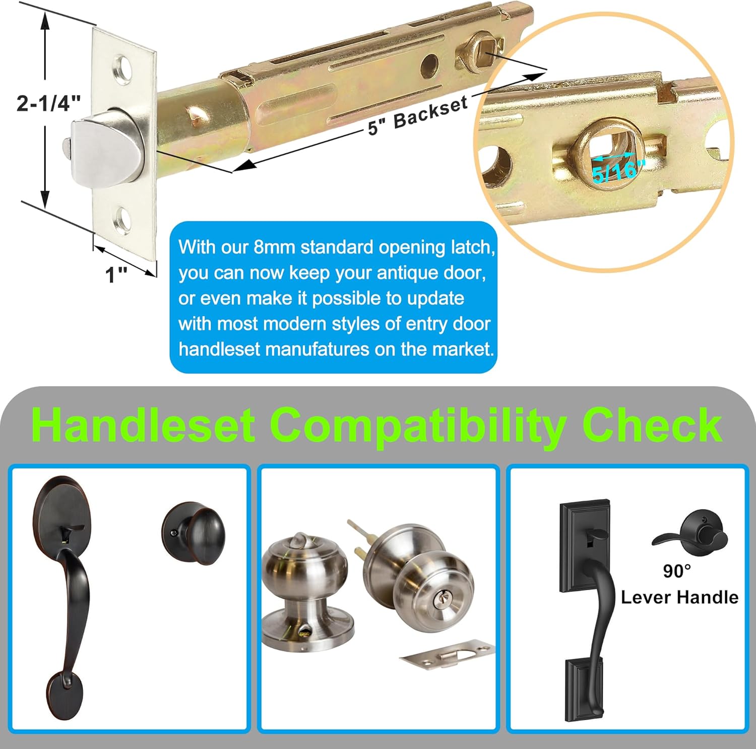 ACEPLANET 5" Backset Entry Door Latch with Standard Keyed Knobset – Satin Nickel Finish, Non-Handed, Square Interface & Corner Faceplate