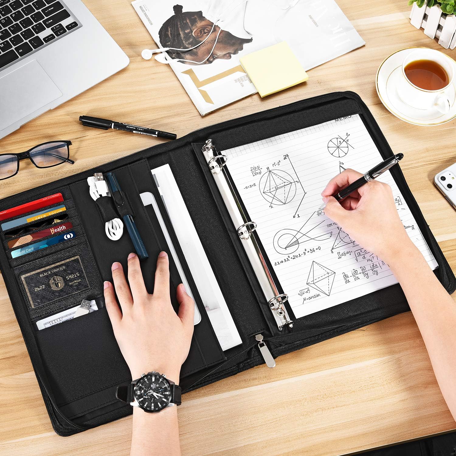 Portfolio Binder – Pacific Mailer 3-Ring Binder Organizer with Leather Folder, Writing Pad, Zipper Business Notebook for Tablets, Notepads, Resumes & Documents