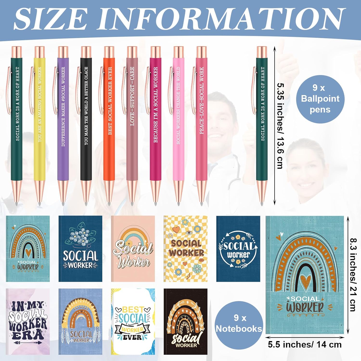 18-Piece Social Worker Appreciation Gift Set – Includes 9 Inspirational Notebooks & 9 Pens – Colorful Graduation Gifts