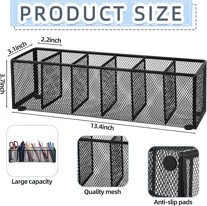 Teling 2 Pcs Mesh Desk Organizer - Black Metal Pen Holder with 6 Compartments, Desktop Stationery Pencil Caddy Basket