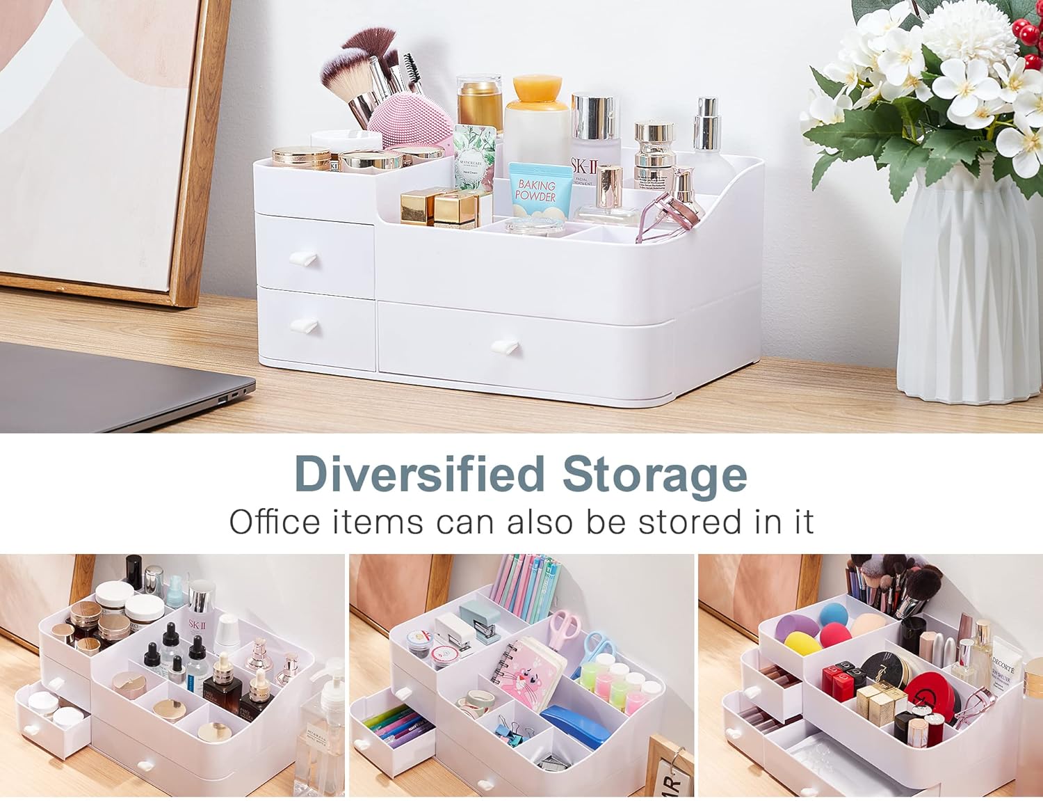 ONXE Large Capacity Makeup Organizer with Drawers – Waterproof Countertop Vanity Storage for Bathroom, Bedroom, and Desk – White