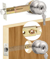 ACEPLANET 5" Backset Entry Door Latch with Standard Keyed Knobset – Satin Nickel Finish, Non-Handed, Square Interface & Corner Faceplate