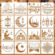 16pcs Ramadan Eid Stencils – Eid Mubarak Drawing Templates for Party Decorations, Wall & Wood Painting, Moon & Star Islamic Art Craft Set