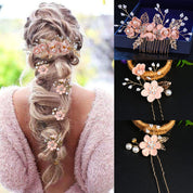 5-Piece Bridal Flower Hair Pins – Cherry Blossom Pink Crystal Pearl Hair Accessories with Rhinestones for Wedding Updos