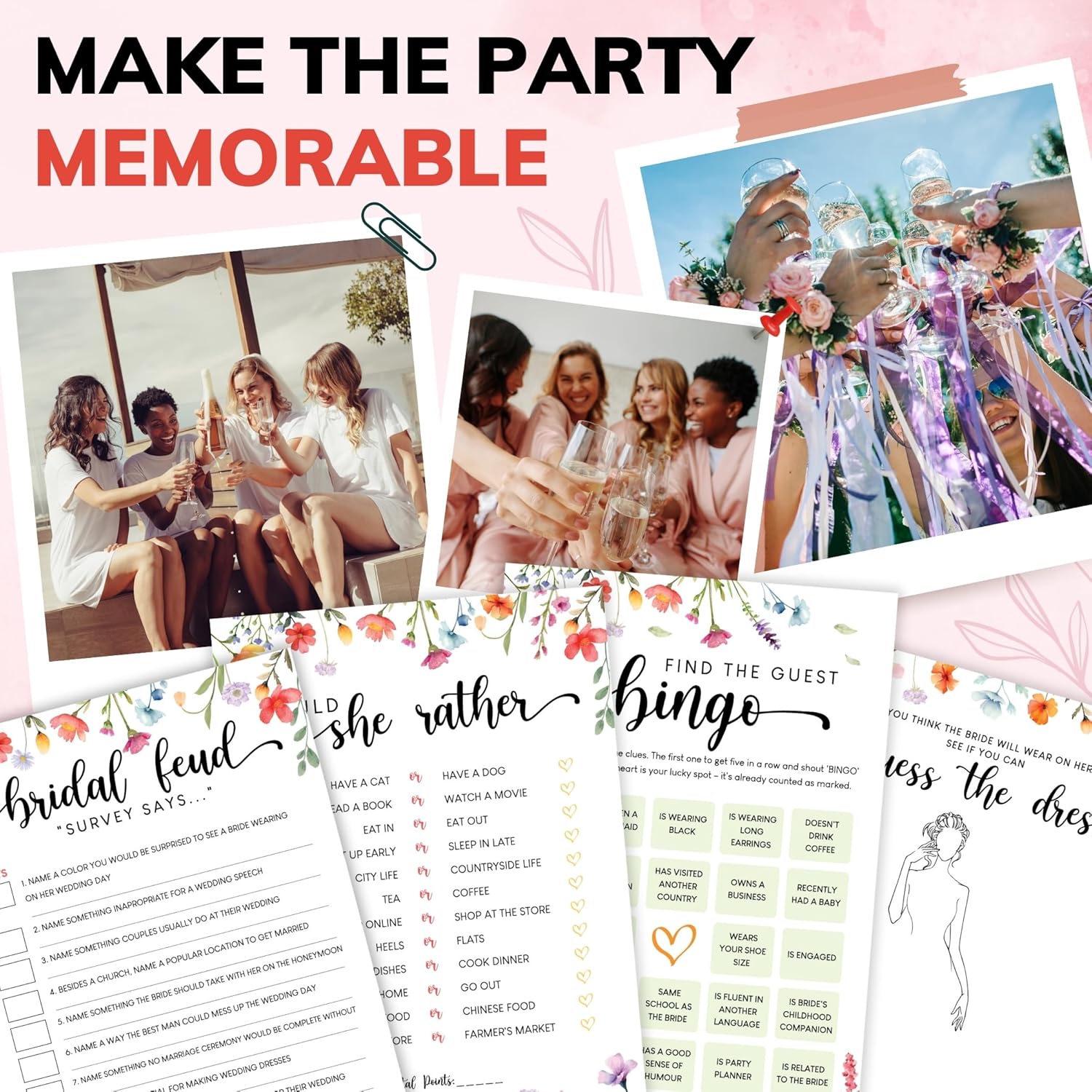 Wildflower Bridal Shower Games – Set for 30 Guests – 4 Funny Floral Wedding Shower Games – Love In Bloom Bridal Party Bingo and Activities Set