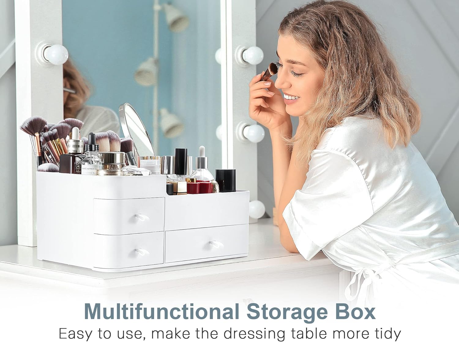 ONXE Large Capacity Makeup Organizer with Drawers – Waterproof Countertop Vanity Storage for Bathroom, Bedroom, and Desk – White