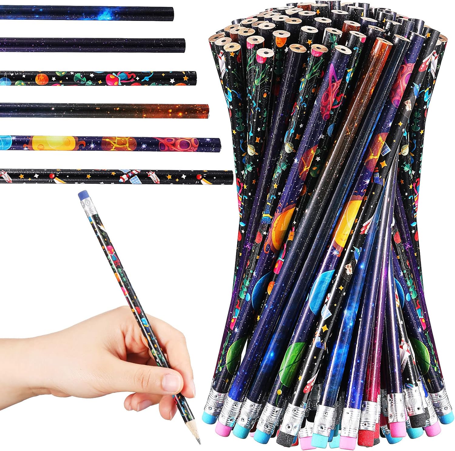 Geyee 36 Pcs Space & Hawaiian Shark Theme Pencils – Fun Novelty Party Favors with Erasers – Wood Writing Pencils for Birthday Parties & Classroom Rewards