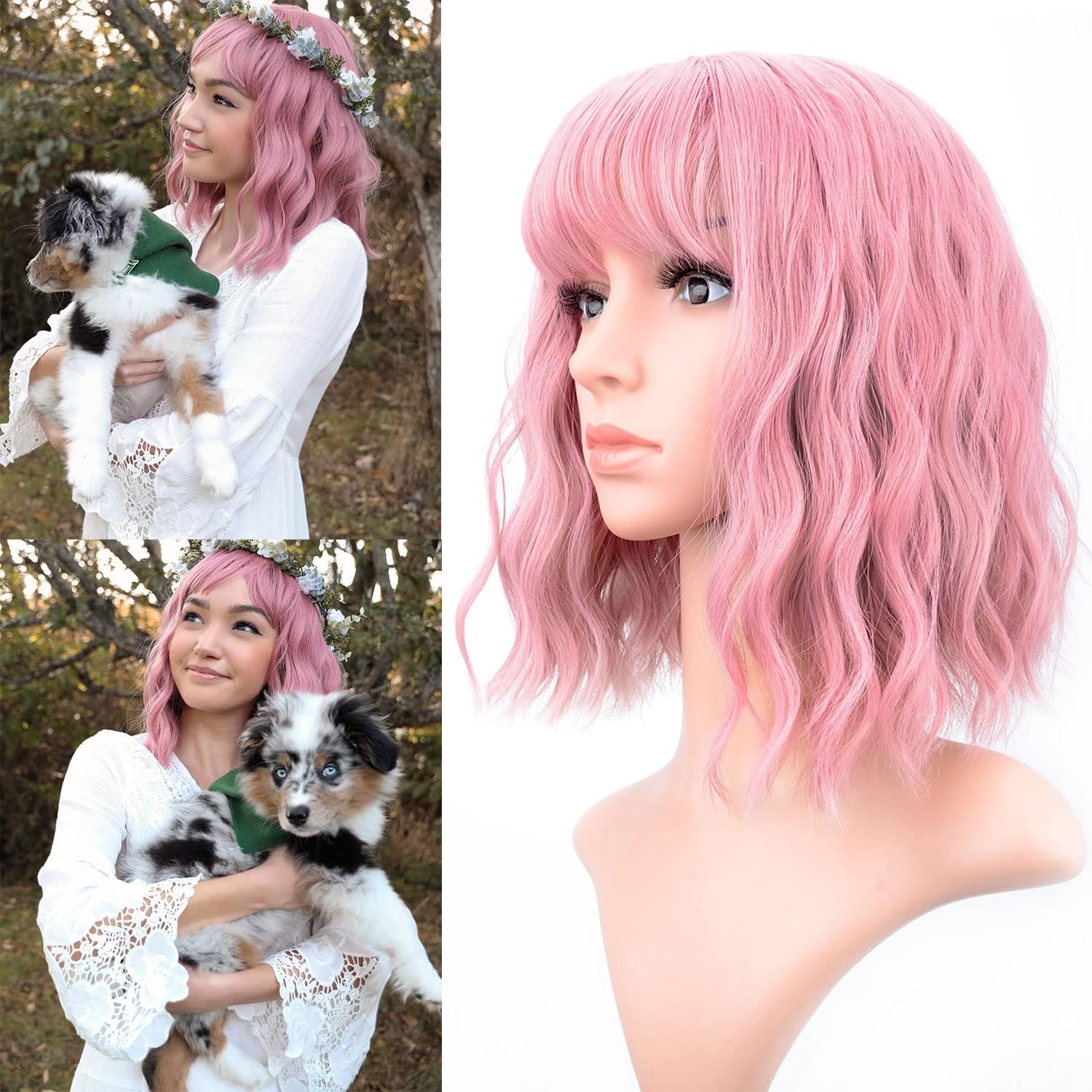 VCKOVCKO Short Pastel Wavy Bob Wig with Air Bangs – Purple Pink Synthetic Shoulder-Length Wig