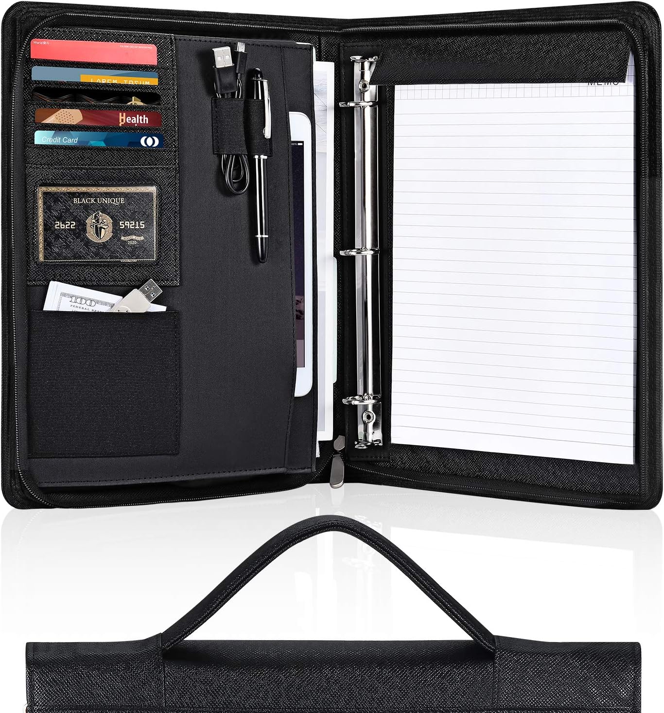 Portfolio Binder – Pacific Mailer 3-Ring Binder Organizer with Leather Folder, Writing Pad, Zipper Business Notebook for Tablets, Notepads, Resumes & Documents