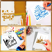 16pcs Ramadan Eid Stencils – Eid Mubarak Drawing Templates for Party Decorations, Wall & Wood Painting, Moon & Star Islamic Art Craft Set