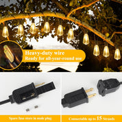 LED Outdoor String Lights – 100FT Patio Lights with 52 Shatterproof ST38 Vintage Edison Bulbs – Dimmable Warm White – Waterproof – Black Wire