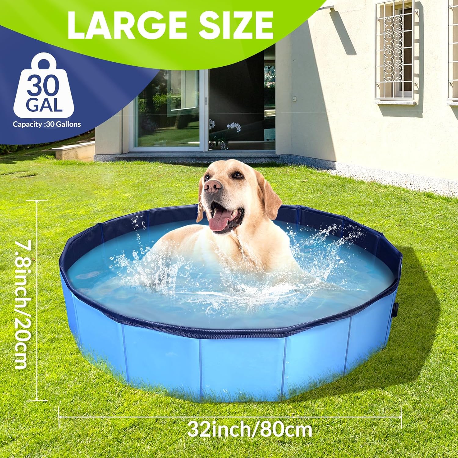 PUPTILY Foldable Dog Pool – 32" x 8" Collapsible Pet Swimming Tub with Drain