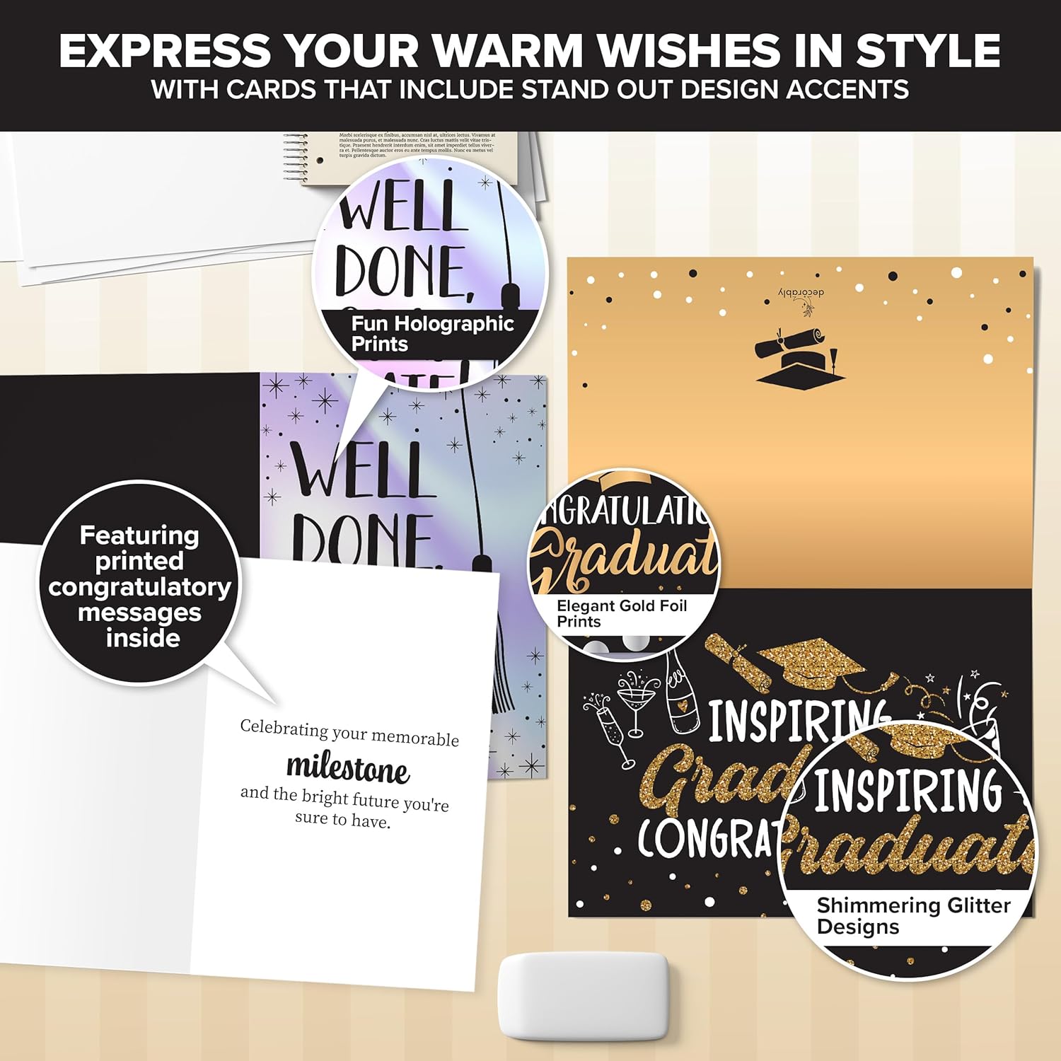16-Pack Foiled, Glittery & Holographic Graduation Cards 2025 – 5x7in Cards with Envelopes & Stickers, 8 Elegant Designs