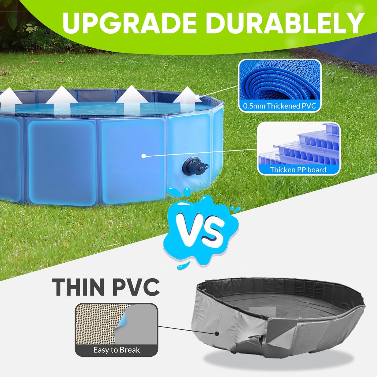 PUPTILY Foldable Dog Pool – 32" x 8" Collapsible Pet Swimming Tub with Drain