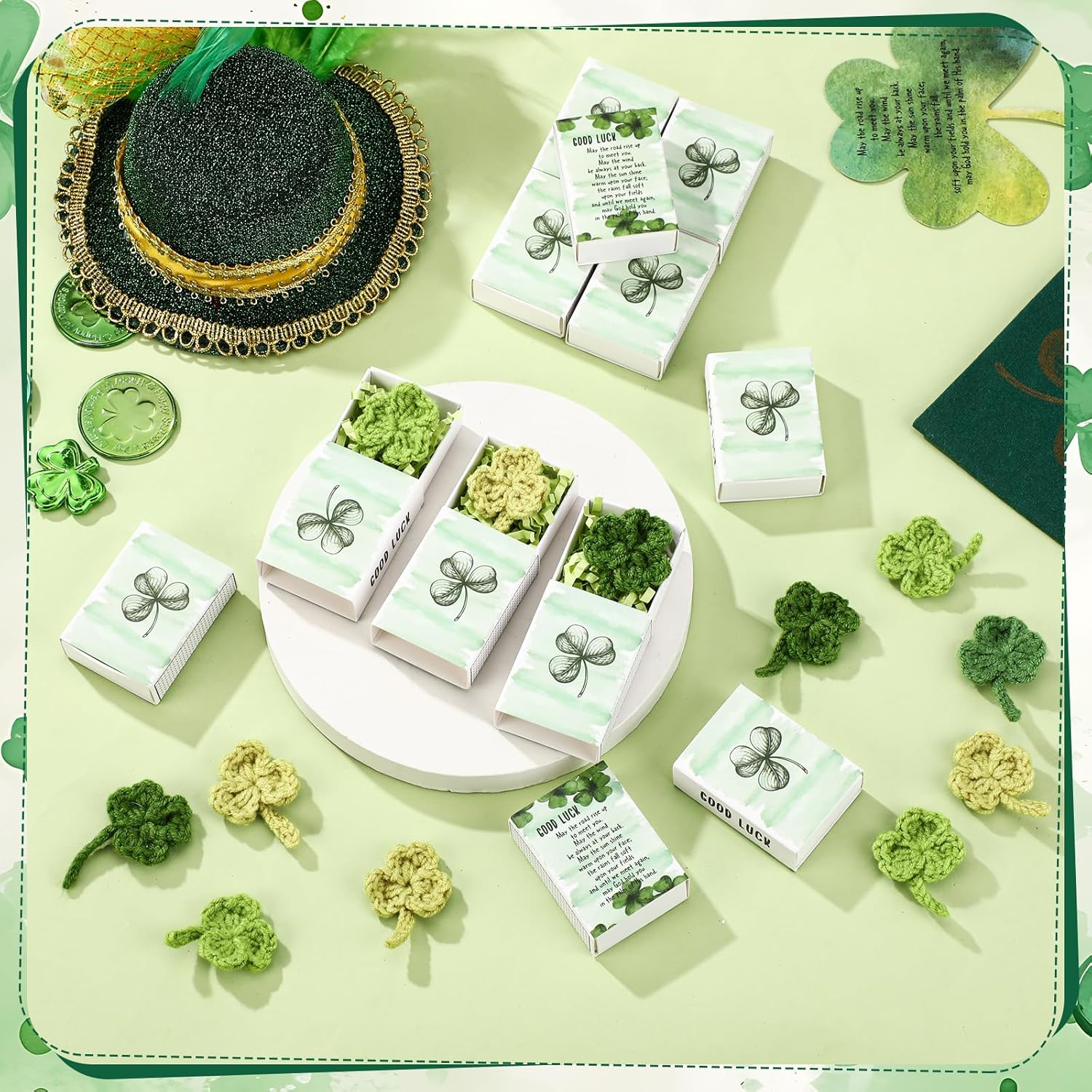 Wettarn 24 Sets St. Patrick's Day Crochet Shamrock Gifts – Handmade Lucky Clover with Greeting Box, Irish Day Party Favors & Decorations