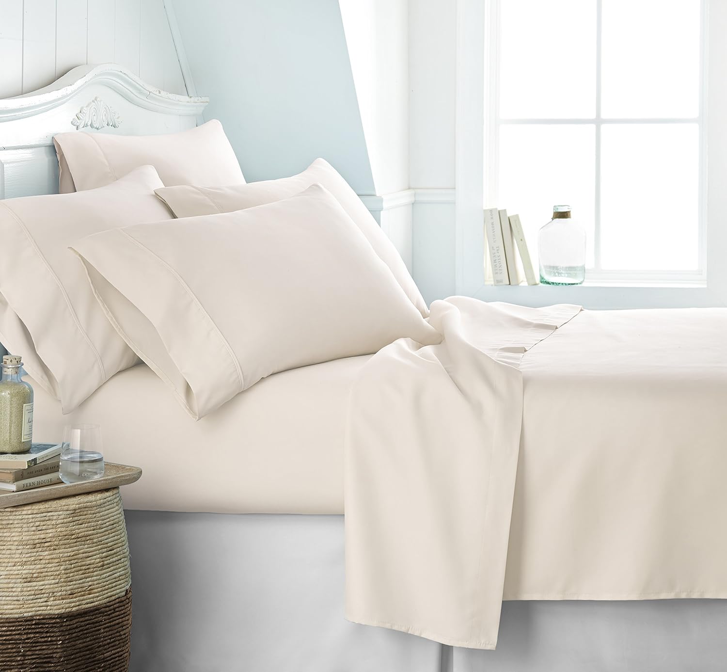 Ienjoy Home Solids in Style 6-Piece Sheet Set – King Size – Ivory – Microfiber Bedding with Zipper Bag