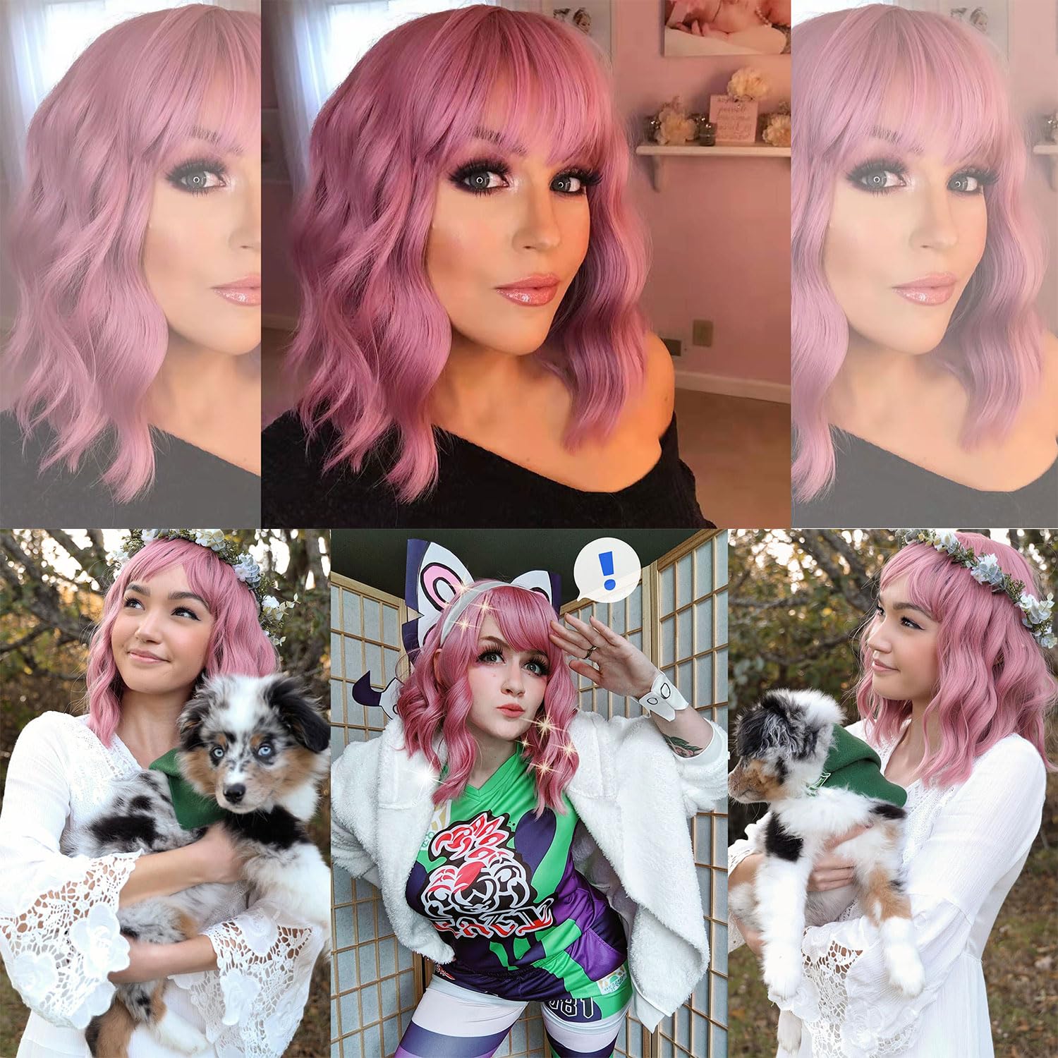 VCKOVCKO Short Pastel Wavy Bob Wig with Air Bangs – Purple Pink Synthetic Shoulder-Length Wig