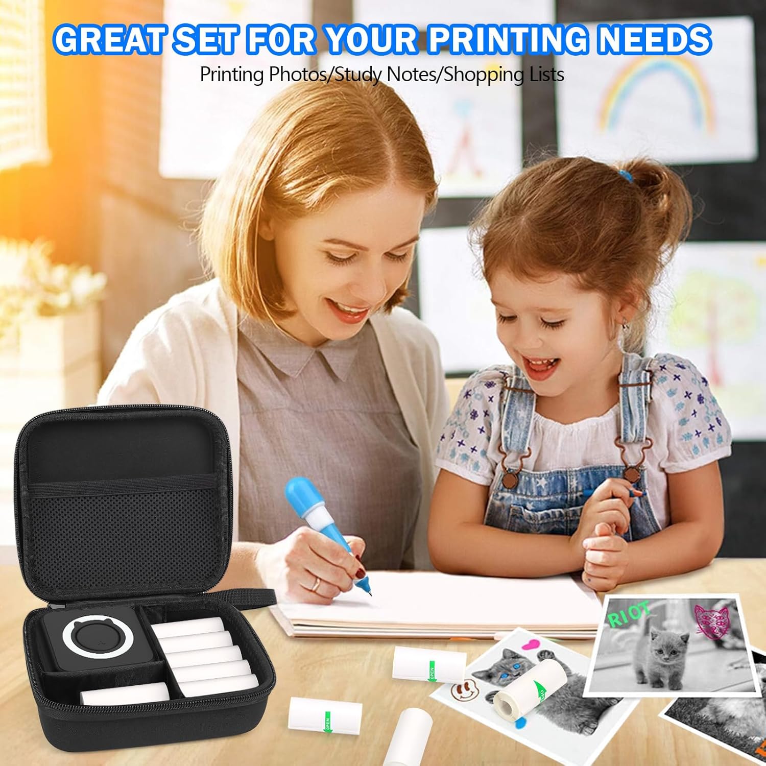 HUIJUTCHEN Mini Pocket Printer with Case – Portable Bluetooth Thermal Printer with 10 Rolls Paper, Black Ink, for Photos, Journals, Notes & Lists – Black