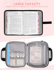 heouvo Bible Cover Case for Women – Includes No Bleed Highlighters, Pens, Tabs & Add-On Book Cover | Large Black Bible Bag with Shoulder Strap & Handles