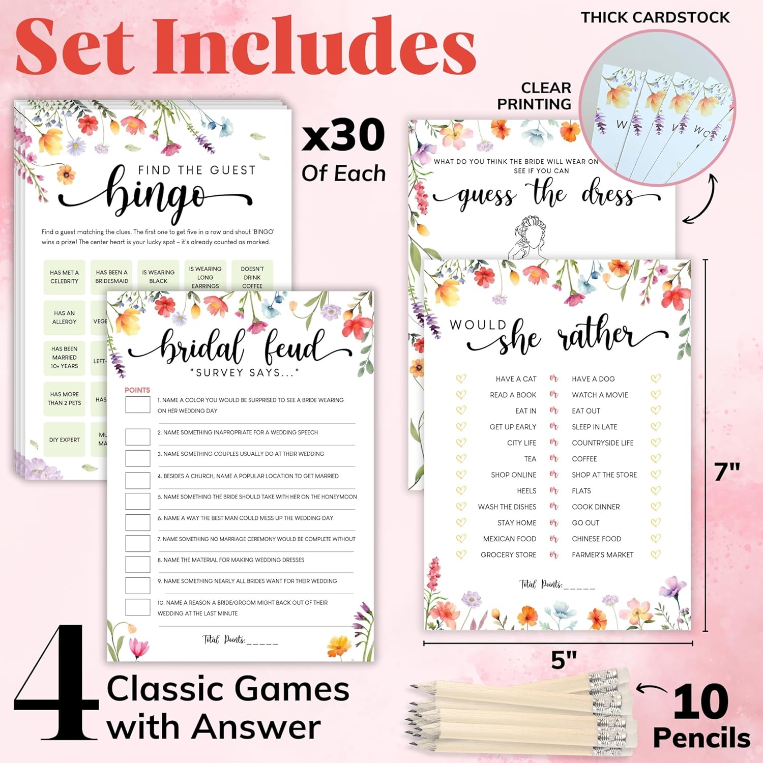Wildflower Bridal Shower Games – Set for 30 Guests – 4 Funny Floral Wedding Shower Games – Love In Bloom Bridal Party Bingo and Activities Set