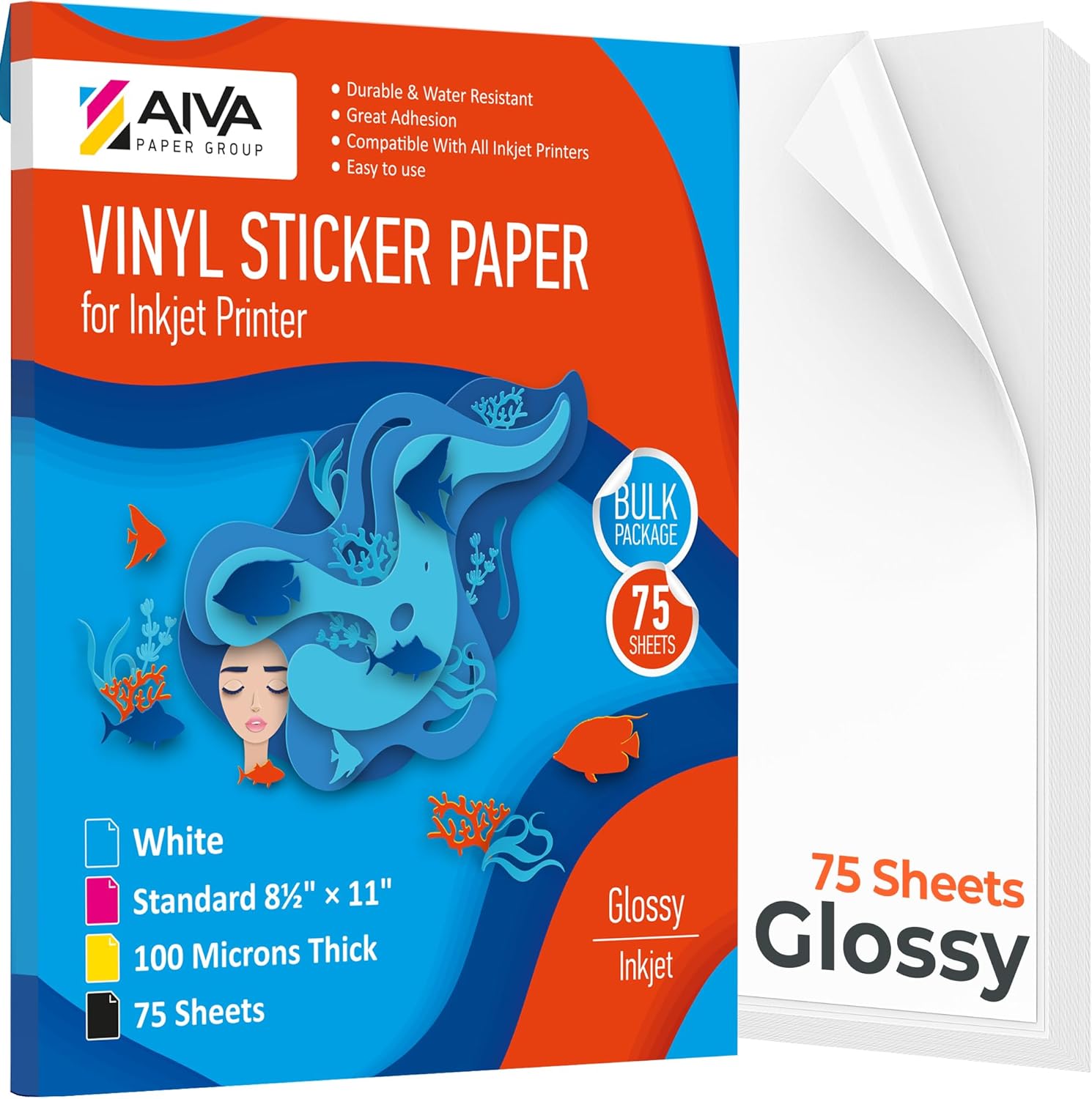 Limia's Care Printable Vinyl Sticker Paper – 75 Glossy White Waterproof Sheets for Inkjet Printer, Self-Adhesive Decal Paper, 8.5" x 11"