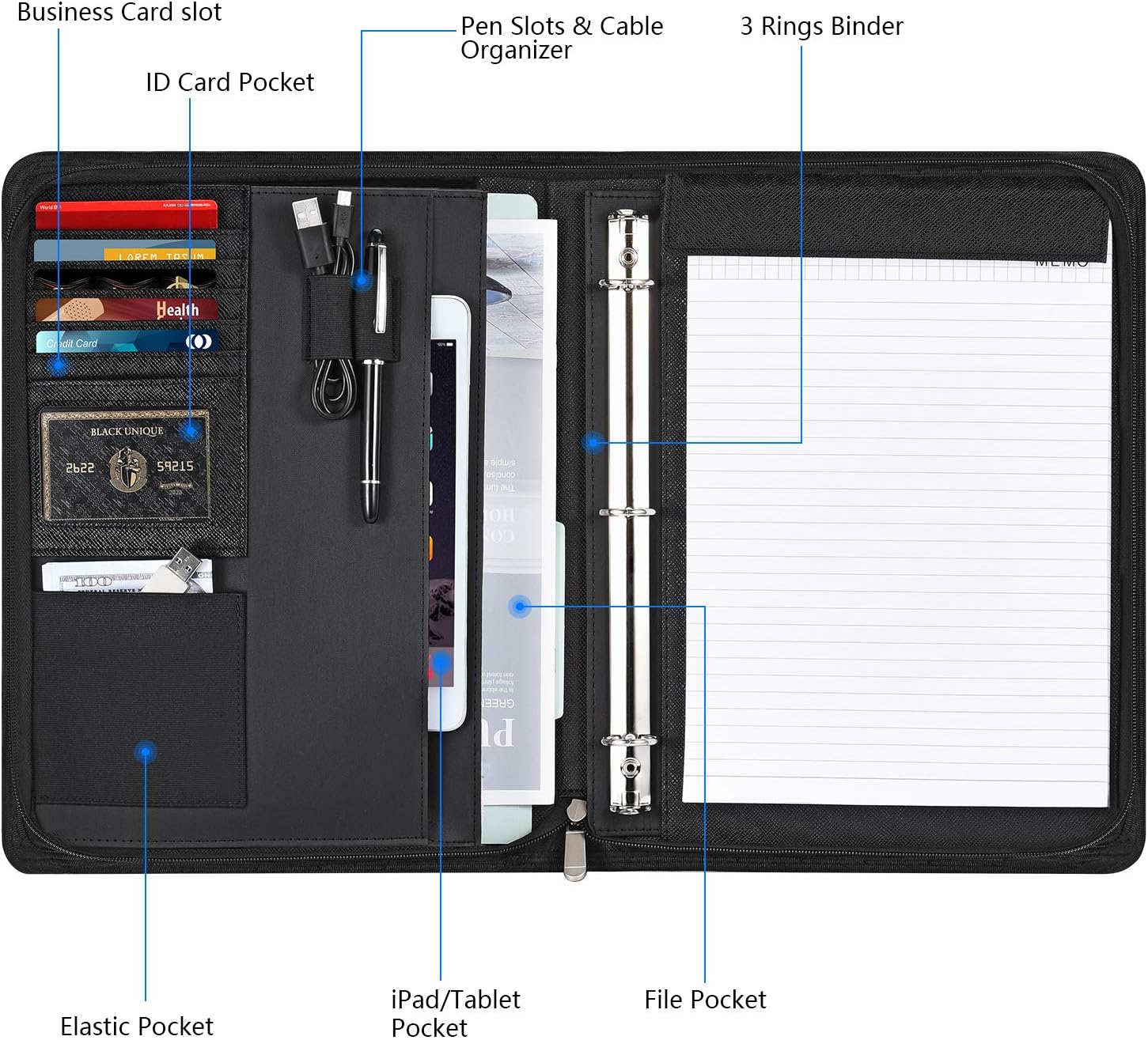 Portfolio Binder – Pacific Mailer 3-Ring Binder Organizer with Leather Folder, Writing Pad, Zipper Business Notebook for Tablets, Notepads, Resumes & Documents