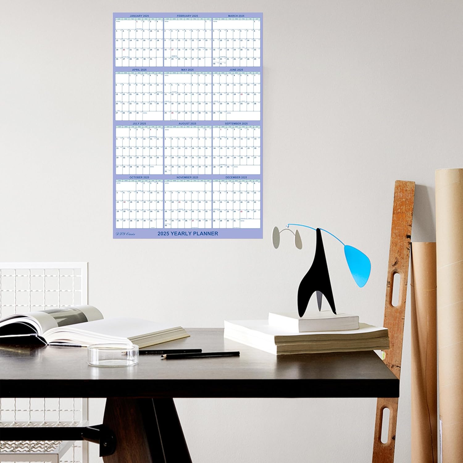 DLY Oasis 32" x 48" 2025 Wall Calendar – Folded Wet & Dry Erase Laminated Yearly Planner with Julian Dates, Horizontal/Vertical Layout – Blue – New