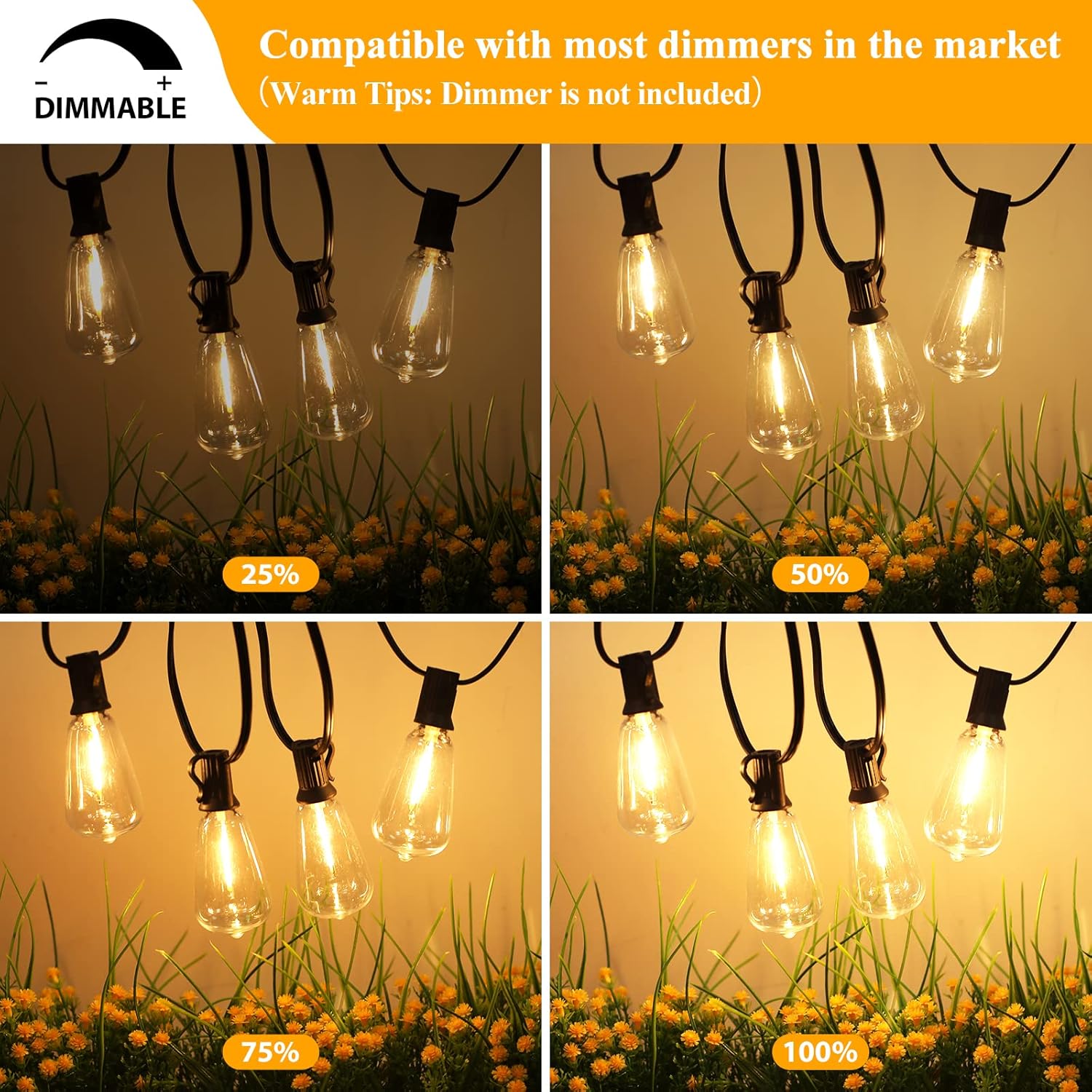 LED Outdoor String Lights – 100FT Patio Lights with 52 Shatterproof ST38 Vintage Edison Bulbs – Dimmable Warm White – Waterproof – Black Wire