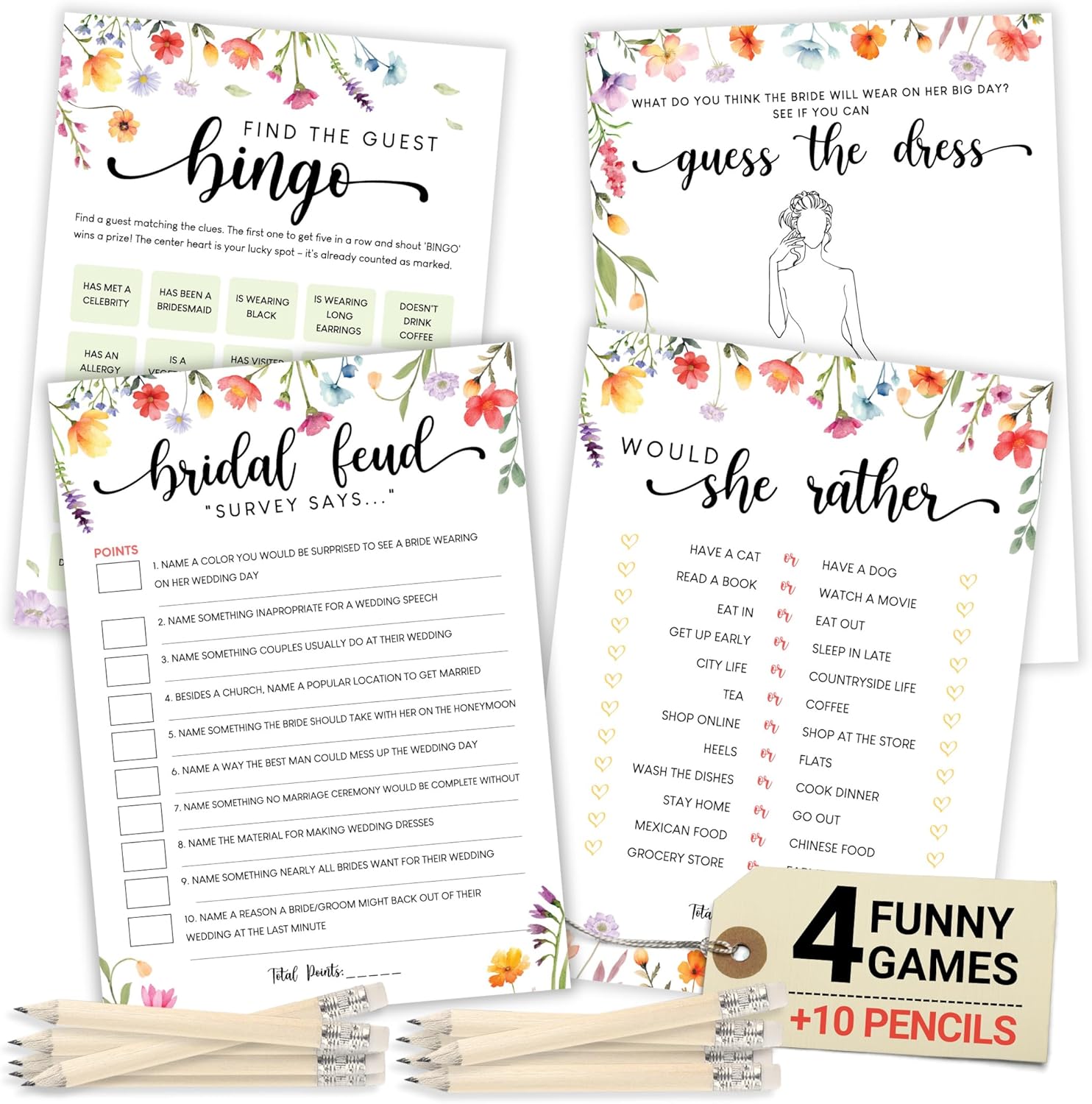 Wildflower Bridal Shower Games – Set for 30 Guests – 4 Funny Floral Wedding Shower Games – Love In Bloom Bridal Party Bingo and Activities Set